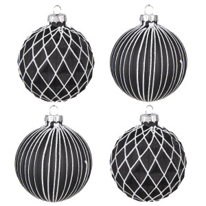 Set 4 globuri brad Craciun sticla neagra alba (4) 8x8 cm