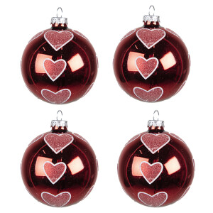 Set 4 globuri sticla rosie Hearts Craciun 8x8 cm