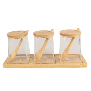 Set 3 borcane sticla cu suport lemn 7x7x10 cm, 29x9x12 cm