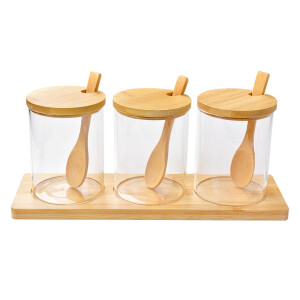 Set 3 borcane cu suport lemn sticla 8x10 cm, 29x9x12 cm