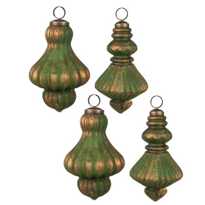 Set 4 globuri brad Craciun sticla verde aurie 8x13 cm, 9x13 cm