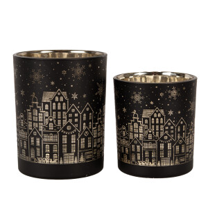 Set 2 candele Craciun sticla neagra aurie 9x10 cm, 10x12 cm
