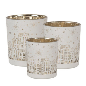 Set 3 candele Craciun sticla alba aurie 7x8 cm, 9x10 cm, 10x12 cm