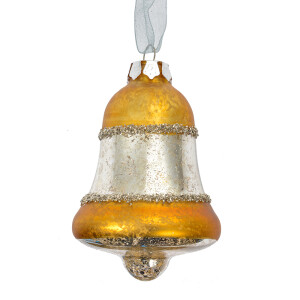 Set 2 ornamente brad Craciun Clopotei sticla aurie argintie 5x9 cm