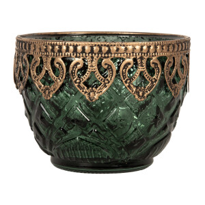 Suport lumanare sticla verde metal auriu Ø 10x8 cm