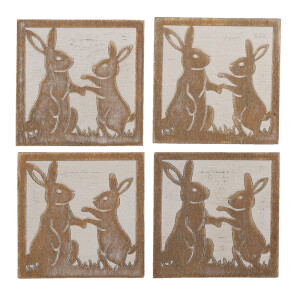 Set 4 suporturi pahare lemn alb maro Iepuras 10x10 cm