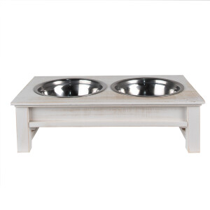 Bol dublu hranire animale inox lemn alb 40x22x18 cm, 2x500 ml