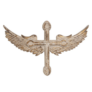 Decoratiune perete Cruce si Aripi Inger lemn bej auriu 48x3x31 cm