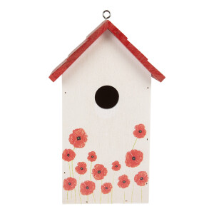 Casuta Pasari lemn alb rosu negru decor Maci 15x10x22 cm