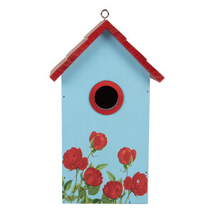 Casuta Pasari lemn rosu albastru verde decor Trandafiri 15x10x22 cm
