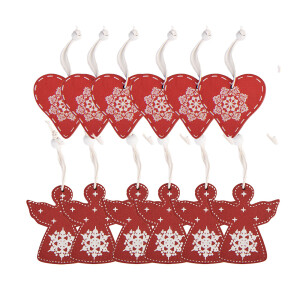 Set 12 ornamente brad Inimioare, Ingeri lemn alb rosu 13x13x1 cm (12)