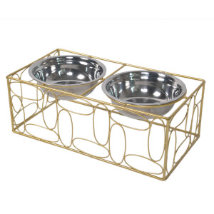 Bol dublu hranire animale fier auriu inox 38x20x13 cm, 2x500 ml