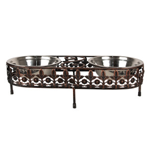 Bol dublu hranire animale fier maro inox 43x18x12 cm, 2x500 ml
