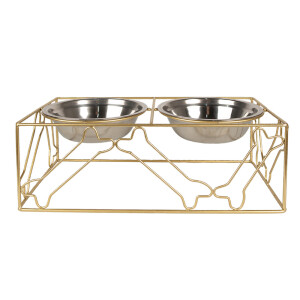 Bol dublu hranire animale fier auriu inox 38x20x14 cm, 2x500 ml