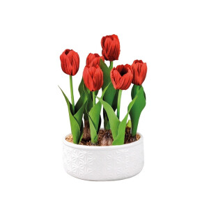 Lalele artificiale rosii in ghiveci ceramica alba 18,5 x 32 cm