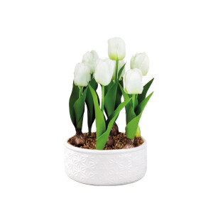 Lalele artificiale albe in ghiveci ceramica alba 18,5 x 32 cm