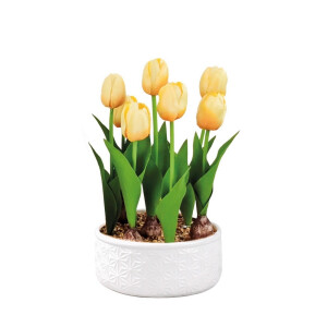 Lalele artificiale galbene in ghiveci ceramica alba 18,5 x 32 cm