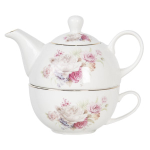 Set ceainic cu ceasca din portelan alb cu decor floral roz 17 cm x 11 cm x 14 h