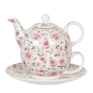 Set ceainic cu ceasca din portelan decor trandafiri roz 16 cm x 11 cm x 14 h , 0.4 L