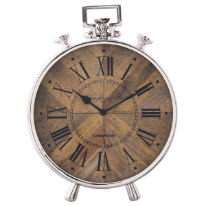 Ceas de masa din metal argintiu lemn maro 30 cm x 10 cm x 41 cm