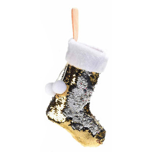 Ciorap decorativ Craciun cu paiete aurii reversibile cm 18 x 27 H