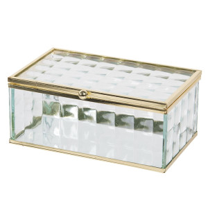 Caseta bijuterii din sticla transparenta si metal auriu 20 cm x 16 cm x 6 h 