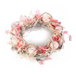 Coronita Paste din lemn decorata cu oua si flori roz Ø 30 cm