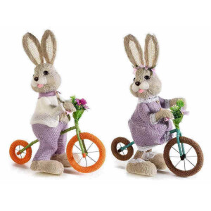 Set 2 figurine Iepurasi Paste cu bicicleta din fibre naturale 26x13x35 cm