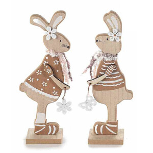 Set 2 figurine Iepurasi Paste din lemn natur maro 9x5x23 cm