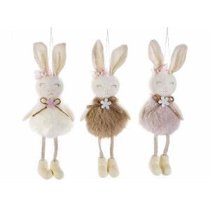 Set 3 figurine Iepurasi suspendabili din textil alb maro roz 6x5x19 cm