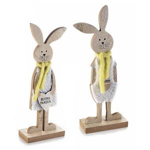Set 2 figurine Iepurasi din textil alb galben si lemn 10x5x25 cm