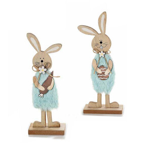 Set 2 figurine Iepurasi din lemn si textil albastru 13x5x32 cm