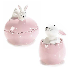 Set 2 oua cu capac model Iepuras din ceramica roz 12x10x14 cm