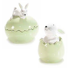 Set 2 oua cu capac model Iepuras din ceramica verde 12x10x14 cm
