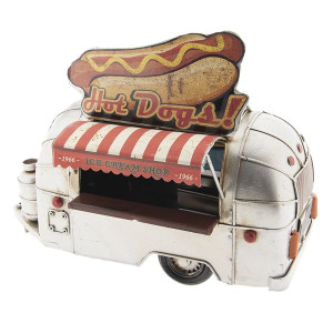 Macheta Camioneta Retro Street Food din metal rosu crem 24 cm x 14 cm x 19 h