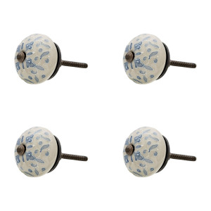 Set 4 butoni mobilier din ceramica alba albastra 4x3 cm
