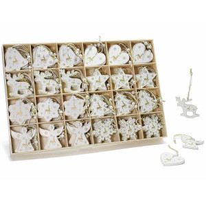 Set 144 ornamente brad din lemn alb auriu 6x6 cm
