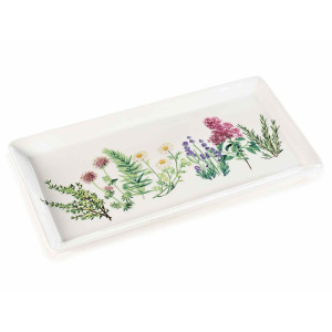 Platou din portelan alb decorat cu flori 30 cm x 14,5 cm