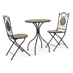 Set 2 scaune pliabile si 1 masa din fier negru si ceramica maro Kansas 38 cm x 38 cm x 92 h x 46 h1