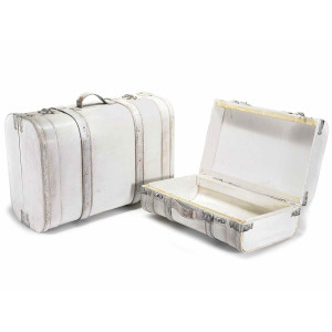 Set 2 valize decorative din lemn alb vintage decorate cu piele ecologica 45 cm x 19.5 cm x 31 h