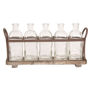 Set 5 vaze din sticla cu suport lemn fier maro 42 cm x 9 cm x 22 h