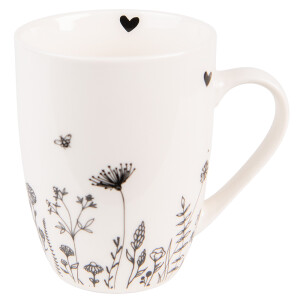 Set 6 cani portelan bej negru Flower 12x8x10 cm, 300 ml