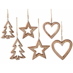 Set 6 ornamente brad Craciun lemn natur 8.5x12 cm, 7x10 cm