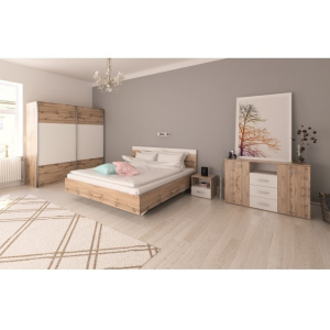 Set mobilier dormitor mdf maro stejar wotan alb Gabriella, pat 180 x 200 cm