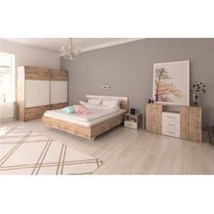 Set mobilier dormitor mdf maro stejar wotan alb Gabriela, pat 160 x 200 cm