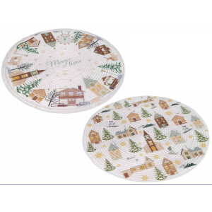 Set 12 suporturi farfurii poliester multicolor WinterVillage 39 cm