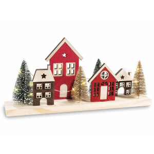 Decoratiune Craciun Casute lemn multicolor cu led 35x6x16.5 cm