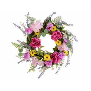 Coronita decorata cu flori si frunze artificiale 50 cm