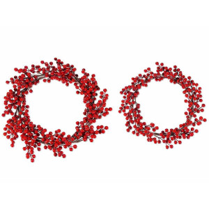 Set 2 coronite Merisoare artificiale rosii 35 cm, 30 cm