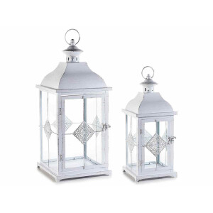 Set 2 felinare metal alb patinat 22x22x54.5 cm, 16x16x41 cm